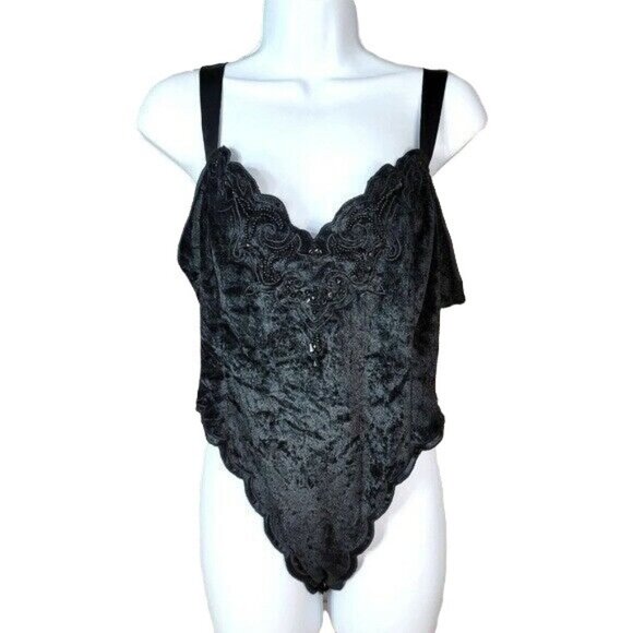 Victoria's Secret Velvet Teddy Black Large Beads Thong Bodysuit Gold Label VTG - Picture 1 of 7